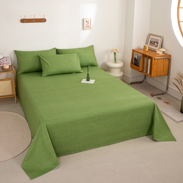 91家纺网 家纺一手货源 找家纺 九沐良品 新款全棉无印老粗布单品床单+三件套 樱花-绿