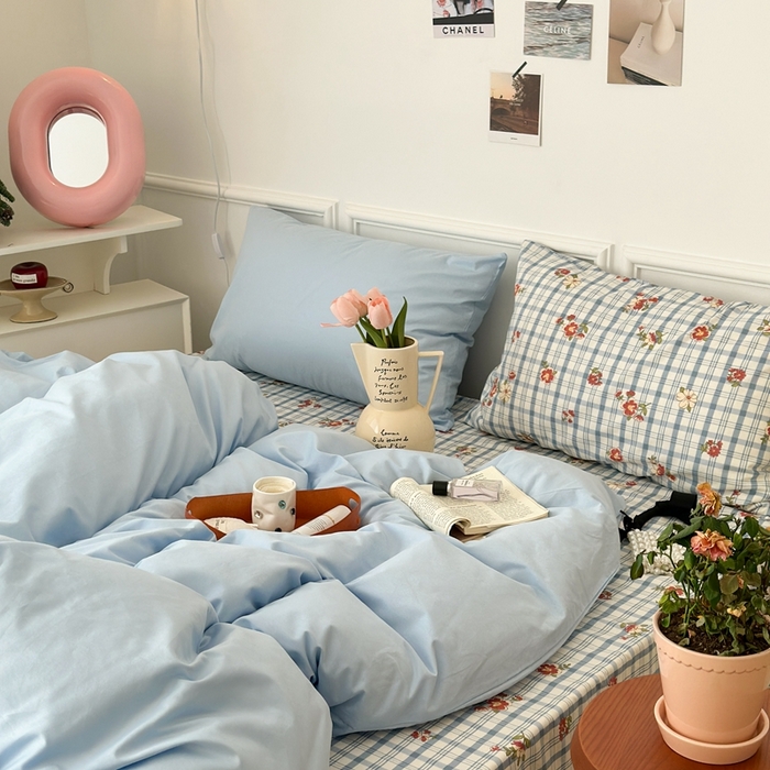 91家纺网 家纺一手货源 找家纺 昔可家纺 2024新款韩式混搭系列四件套 中古奶蓝