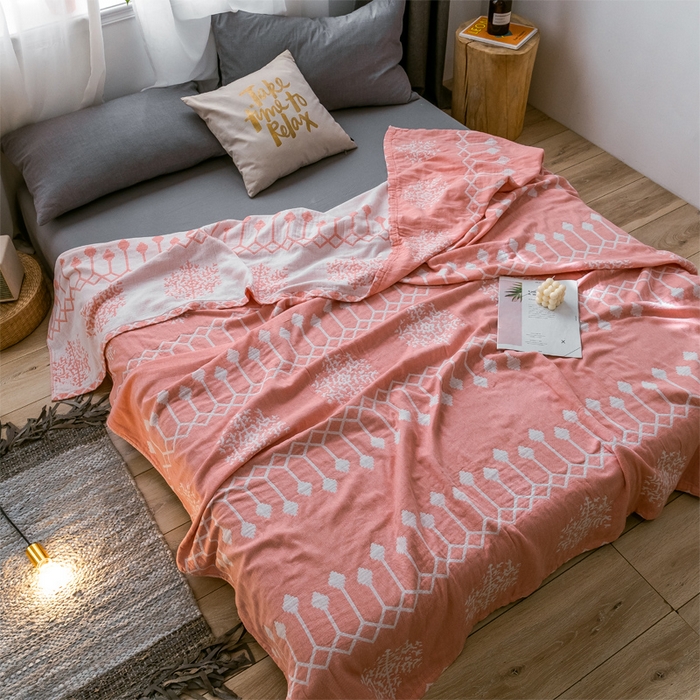 91家纺网 家纺一手货源 找家纺 朴尔家纺-毛巾被 2024新款三层水洗棉全棉纱布毛巾被 印第安-粉