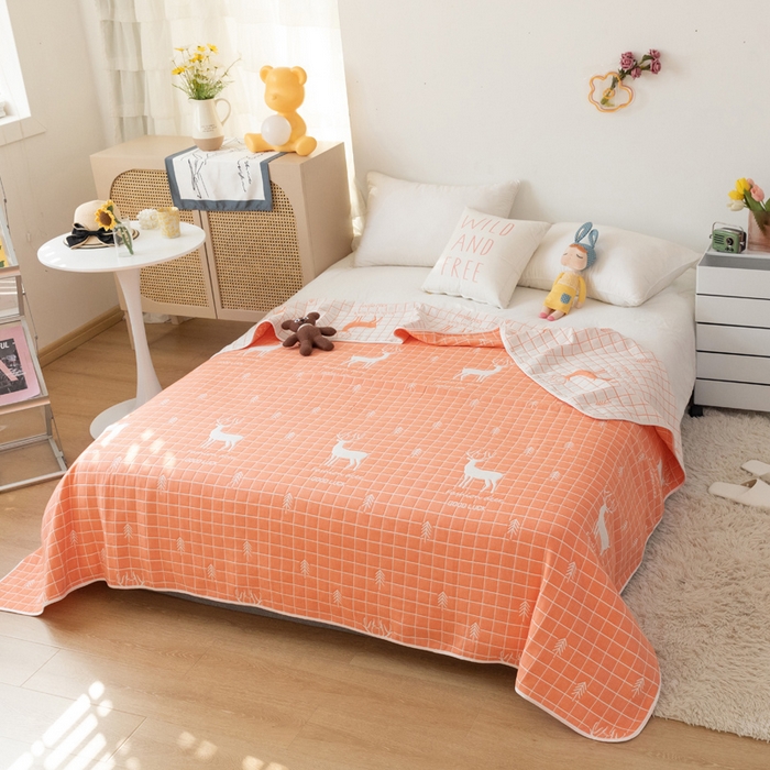 91家纺网 家纺一手货源 找家纺 朴尔家纺-毛巾被 2024年新款卡通系全棉六层纱毛巾被-朴尔经典款常年备货 麋鹿森林-橘