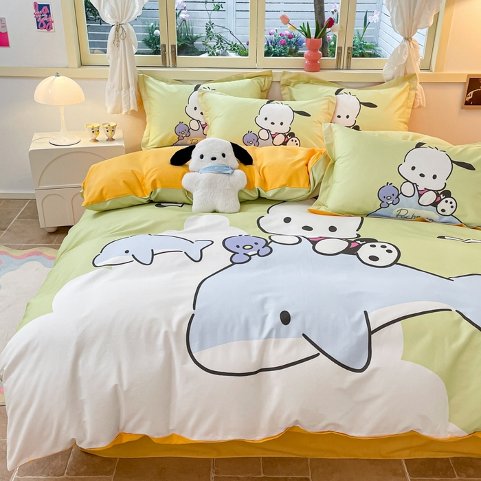 91家纺网 家纺一手货源 找家纺 孩子王（原鼎盛） 2025新款三丽鸥系列全棉活性大版印花卡通学生四件套 海洋帕恰狗