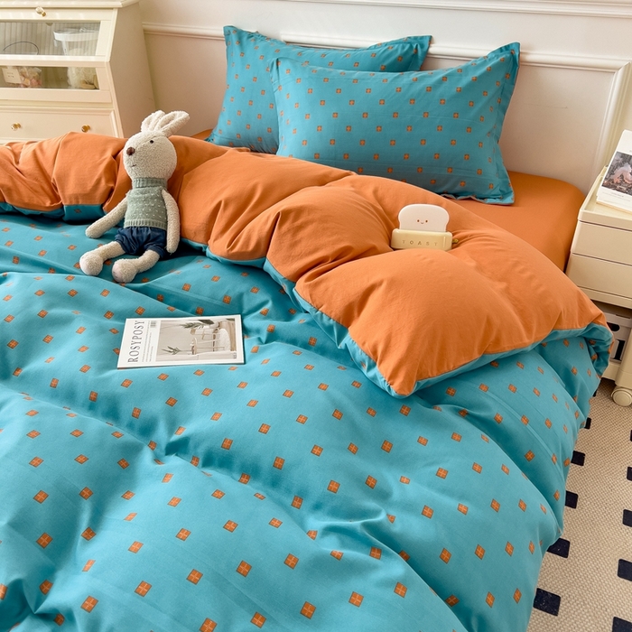 91家纺网 家纺一手货源 找家纺 宝士康家纺 2024新款水洗棉麻双层纱四件套系列  朴素蓝