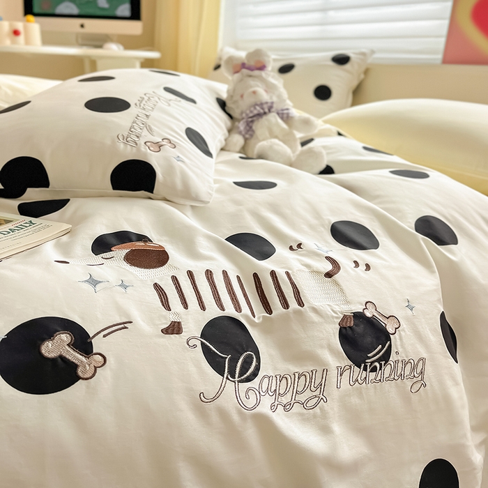 91家纺网 家纺一手货源 找家纺 2024蜜柚新品直播电商全棉13372ins博主风刺绣四件套 波点狗狗