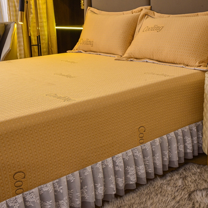 91家纺网 家纺一手货源 找家纺 艾迪尚家纺 2025新款A类婴幼级蕾丝花边豆豆软凉席 杏黄