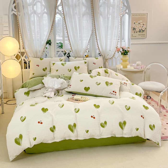 91家纺网 家纺一手货源 找家纺 牛牛家纺 牛牛  2024新款泡泡棉小清新四件套(1) 绿色爱心