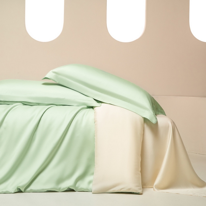 91家纺网 家纺一手货源 找家纺 涵宸 2024新款兰精天丝棉纯色四件套 四件套-柠檬绿+象牙白