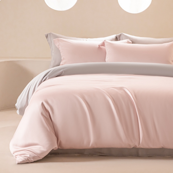 91家纺网 家纺一手货源 找家纺 涵宸 2024新款兰精天丝棉纯色四件套 四件套-玫瑰粉+时尚灰