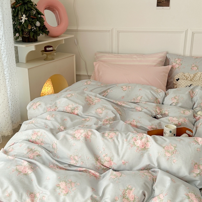 91家纺网 家纺一手货源 找家纺 昔可家纺 2024韩式碎花四件套 复古粉玫瑰