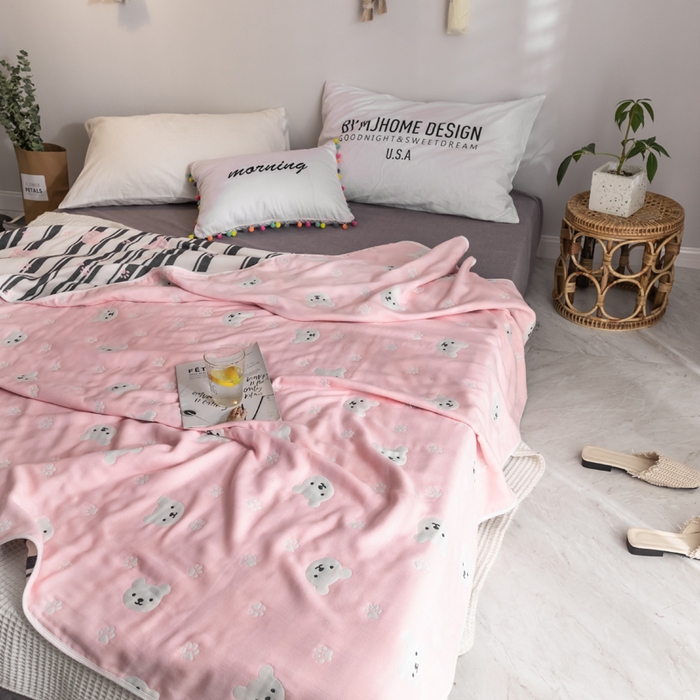 91家纺网 家纺一手货源 找家纺 朴尔2024经典六层纱布全棉毛巾被系列-朴尔经典款常年备货 甜蜜小熊-粉