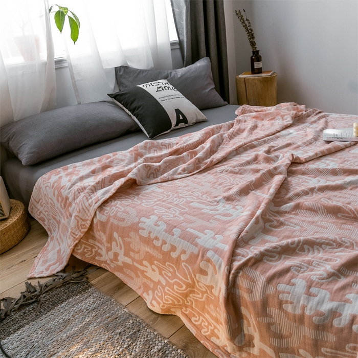 91家纺网 家纺一手货源 找家纺 朴尔家纺-毛巾被 2024新款三层水洗棉全棉纱布毛巾被 仙人掌-粉