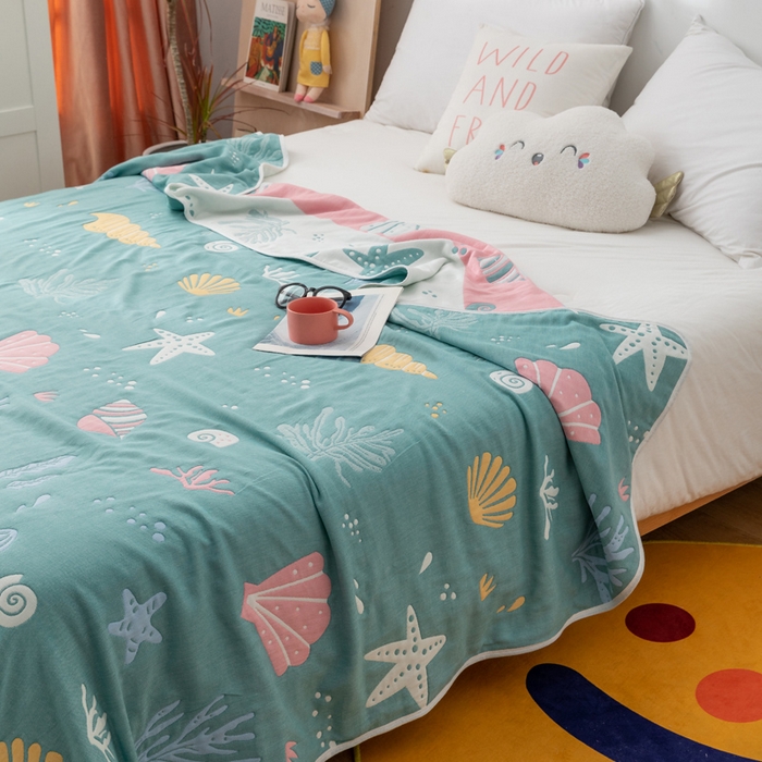 91家纺网 家纺一手货源 找家纺 朴尔家纺-毛巾被 2024新款卡漫风格全棉六层纱毛巾被 海底世界-绿