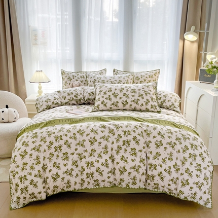 91家纺网 家纺一手货源 找家纺 （总）洁柔供应链 2024新款印花水洗双层纱贝壳绣四件套    直播爆款