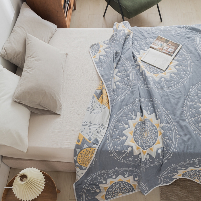 91家纺网 家纺一手货源 找家纺 朴尔 2023年抽象风格六层纱布毛巾被系列-朴尔经典款常年备货 洛丽塔-蓝