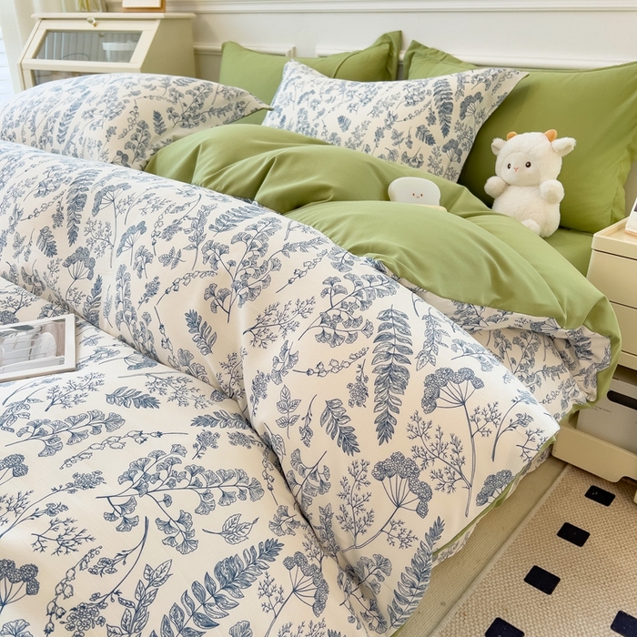 91家纺网 家纺一手货源 找家纺 宝士康家纺 2024新款水洗棉麻双层纱四件套系列  含羞草