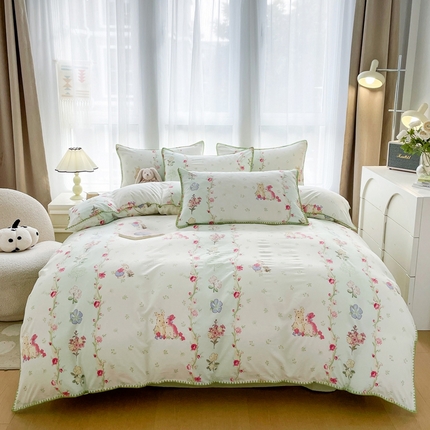 91家纺网 家纺一手货源 找家纺 （总）洁柔供应链 2024新款印花水洗双层纱贝壳绣四件套    直播爆款