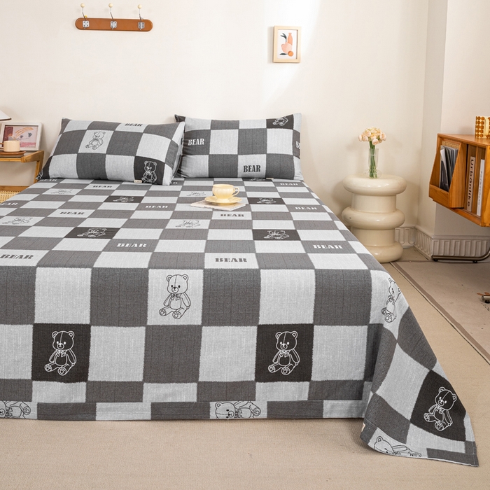 91家纺网 家纺一手货源 找家纺 九沐良品 新款全棉无印老粗布单品床单+三件套 巴比熊（灰）