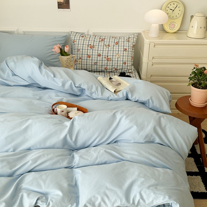 91家纺网 家纺一手货源 找家纺 昔可家纺 2024新款韩式混搭系列四件套 中古奶蓝