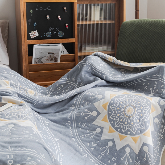 91家纺网 家纺一手货源 找家纺 朴尔 2023年抽象风格六层纱布毛巾被系列-朴尔经典款常年备货 洛丽塔-蓝