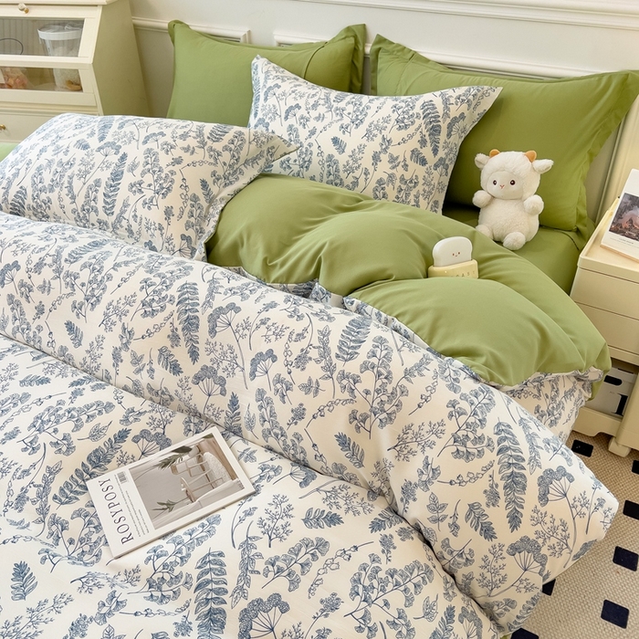 91家纺网 家纺一手货源 找家纺 宝士康家纺 2024新款水洗棉麻双层纱四件套系列  含羞草