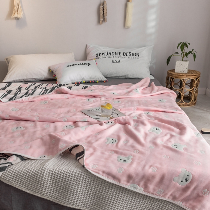 91家纺网 家纺一手货源 找家纺 朴尔2024经典六层纱布全棉毛巾被系列-朴尔经典款常年备货 甜蜜小熊-粉