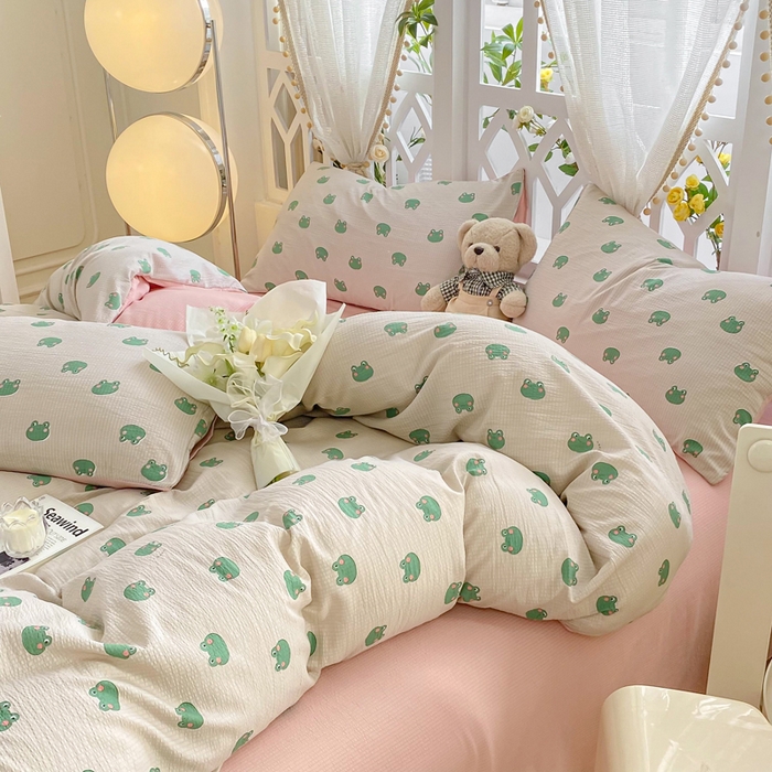 91家纺网 家纺一手货源 找家纺 牛牛家纺 牛牛  2024新款泡泡棉小清新四件套(1) 小青蛙