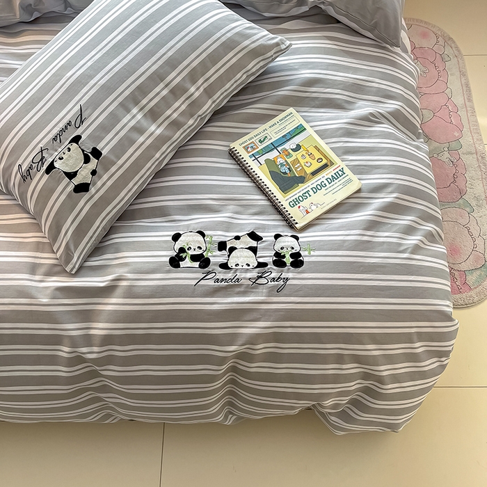 91家纺网 家纺一手货源 找家纺 2024蜜柚新品直播电商全棉13372ins博主风刺绣四件套 条纹熊猫