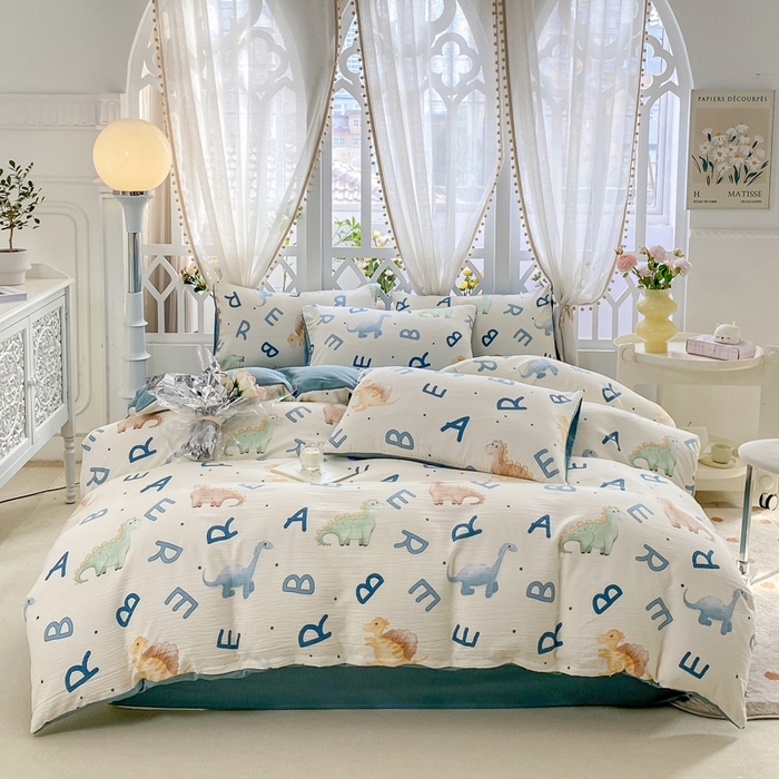 91家纺网 家纺一手货源 找家纺 牛牛家纺 牛牛  2024新款泡泡棉小清新四件套(1) 字母恐龙