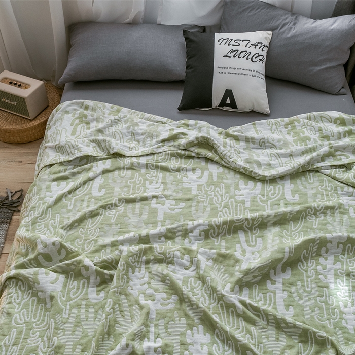 91家纺网 家纺一手货源 找家纺 朴尔家纺-毛巾被 2024新款三层水洗棉全棉纱布毛巾被 仙人掌-绿