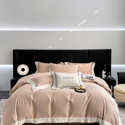 91家纺网 家纺一手货源 找家纺 若未家居 2025新款50S长绒棉纯色撞色简约拼角款套件-洛斐 玫瑰粉