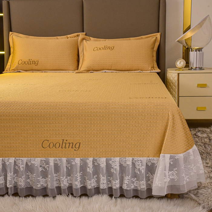 91家纺网 家纺一手货源 找家纺 艾迪尚家纺 2025新款A类婴幼级蕾丝花边豆豆软凉席 杏黄