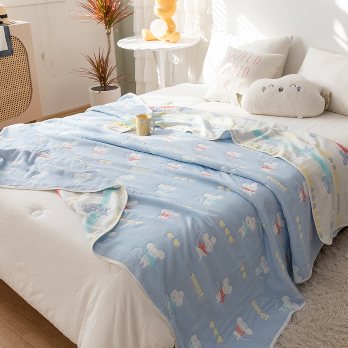 91家纺网 家纺一手货源 找家纺 朴尔家纺-毛巾被 2024年新款卡通系全棉六层纱毛巾被-朴尔经典款常年备货 开心鼠-蓝