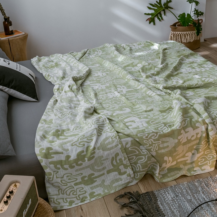 91家纺网 家纺一手货源 找家纺 朴尔家纺-毛巾被 2024新款三层水洗棉全棉纱布毛巾被 仙人掌-绿