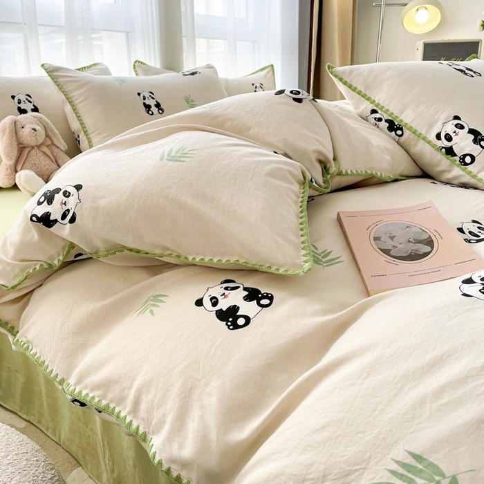 91家纺网 家纺一手货源 找家纺 洁柔供应链 2024新款印花水洗双层纱贝壳绣四件套    直播爆款 大熊猫