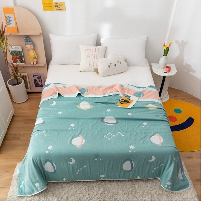 91家纺网 家纺一手货源 找家纺 朴尔家纺-毛巾被 2024新款卡漫风格全棉六层纱毛巾被 浩瀚宇宙-绿