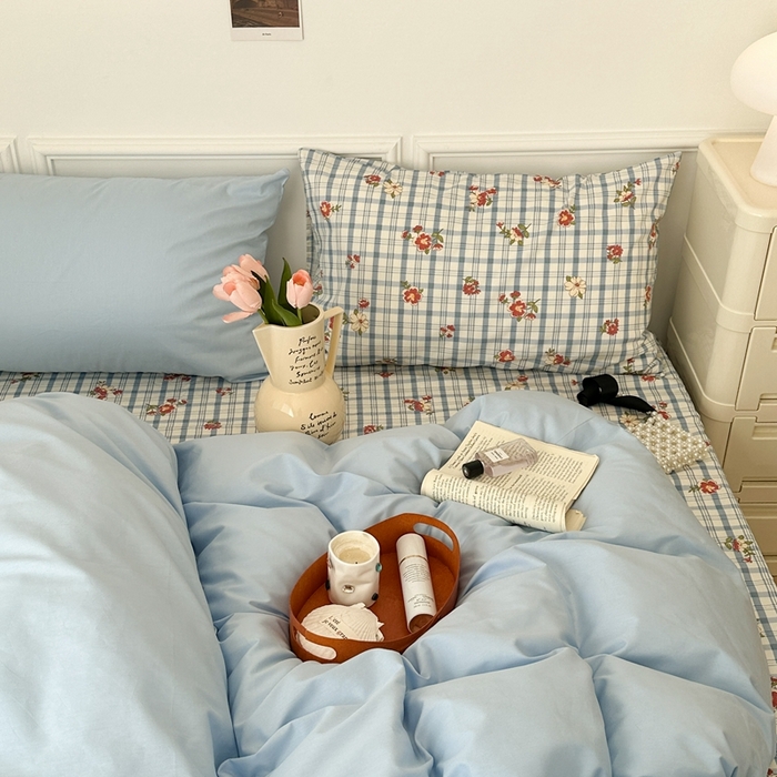 91家纺网 家纺一手货源 找家纺 昔可家纺 2024新款韩式混搭系列四件套 中古奶蓝