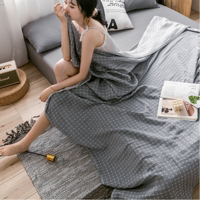 91家纺网 家纺一手货源 找家纺 朴尔家纺-毛巾被 2024新款三层水洗棉全棉纱布毛巾被 丁格-灰