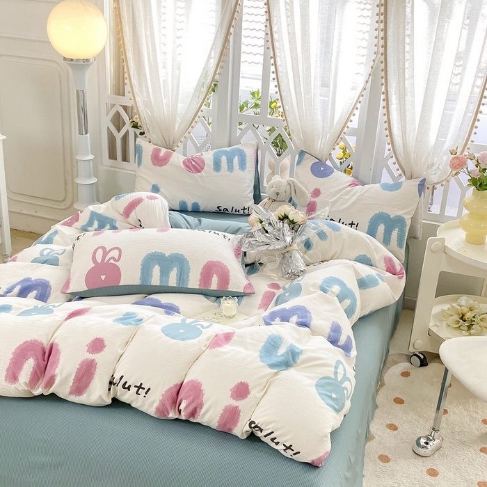 91家纺网 家纺一手货源 找家纺 牛牛家纺 牛牛  2024新款泡泡棉小清新四件套(1) 七彩兔