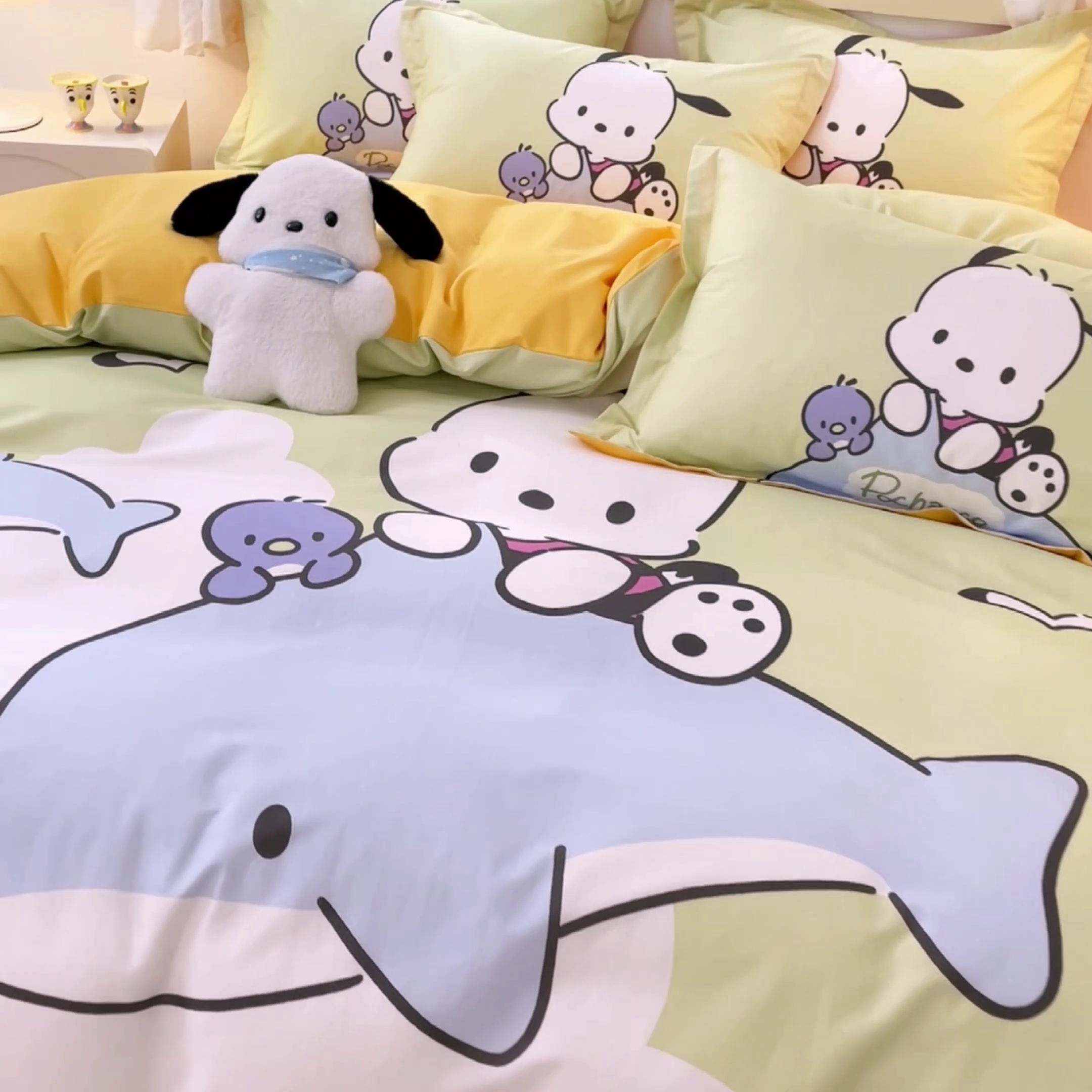 91家纺网 家纺一手货源 找家纺 孩子王（原鼎盛） 2025新款三丽鸥系列全棉活性大版印花卡通学生四件套 海洋帕恰狗