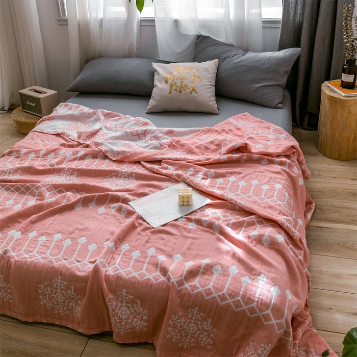 91家纺网 家纺一手货源 找家纺 朴尔家纺-毛巾被 2024新款三层水洗棉全棉纱布毛巾被 印第安-粉