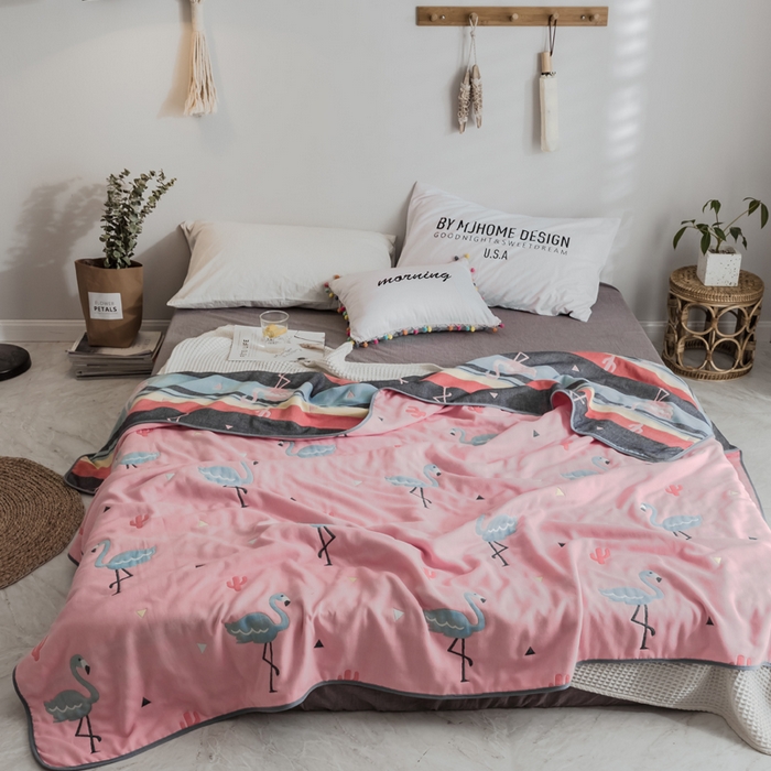 91家纺网 家纺一手货源 找家纺 朴尔2024经典六层纱布全棉毛巾被系列-朴尔经典款常年备货 幸福鸟粉