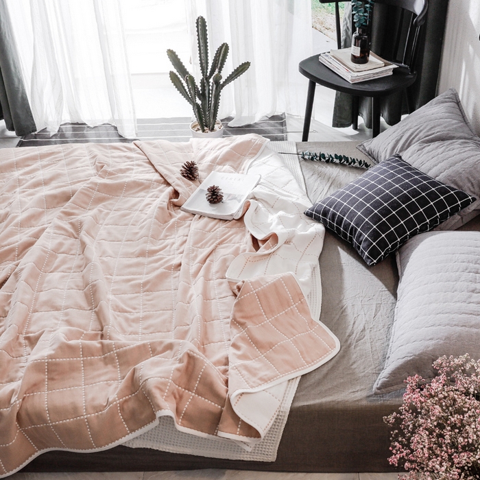 91家纺网 家纺一手货源 找家纺 朴尔2024经典六层纱布全棉毛巾被系列-朴尔经典款常年备货 时尚虚线-豆沙