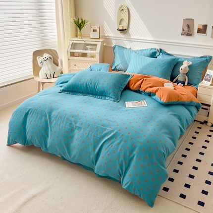 91家纺网 家纺一手货源 找家纺 宝士康家纺 2024新款水洗棉麻双层纱四件套系列  朴素蓝