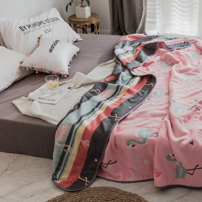 91家纺网 家纺一手货源 找家纺 朴尔2024经典六层纱布全棉毛巾被系列-朴尔经典款常年备货 幸福鸟粉