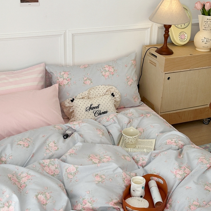 91家纺网 家纺一手货源 找家纺 昔可家纺 2024韩式碎花四件套 复古粉玫瑰