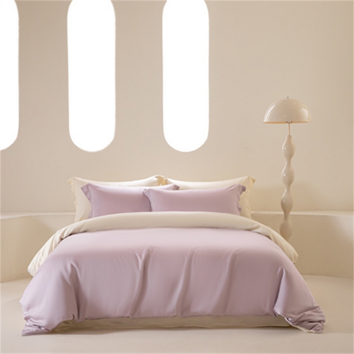 91家纺网 家纺一手货源 找家纺 涵宸 2024新款兰精天丝棉纯色四件套 四件套-紫语+象牙白