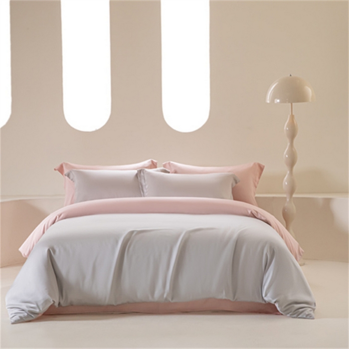 91家纺网 家纺一手货源 找家纺 涵宸 2024新款兰精天丝棉纯色四件套 四件套-时尚灰+玫瑰粉