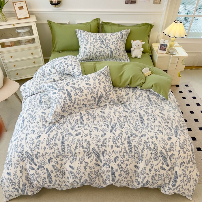 91家纺网 家纺一手货源 找家纺 宝士康家纺 2024新款水洗棉麻双层纱四件套系列  含羞草