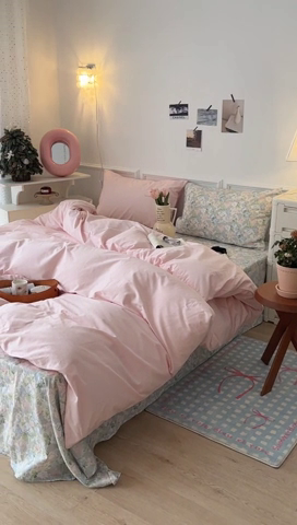 91家纺网 家纺一手货源 找家纺 昔可家纺 2024新款韩式混搭系列四件套 粉色布蕾