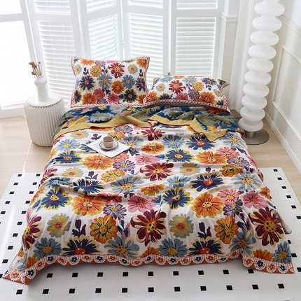 91家纺网 家纺一手货源 找家纺 （总）朴尔家纺-毛巾被 2024新款彩棉国潮风全棉六层纱布毛巾被枕巾浴巾四件套