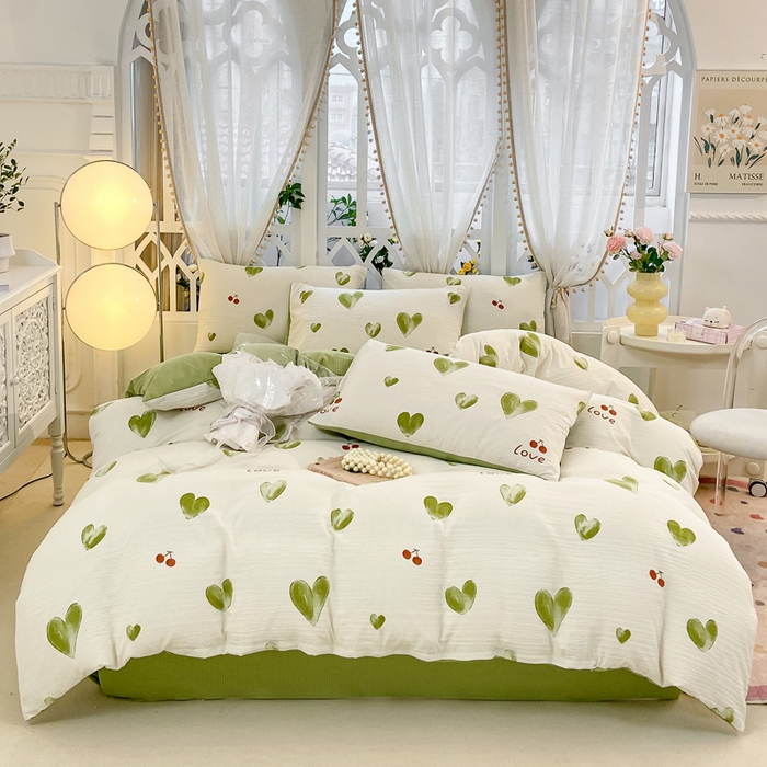 91家纺网 家纺一手货源 找家纺 牛牛家纺 牛牛  2024新款泡泡棉小清新四件套(1) 绿色爱心